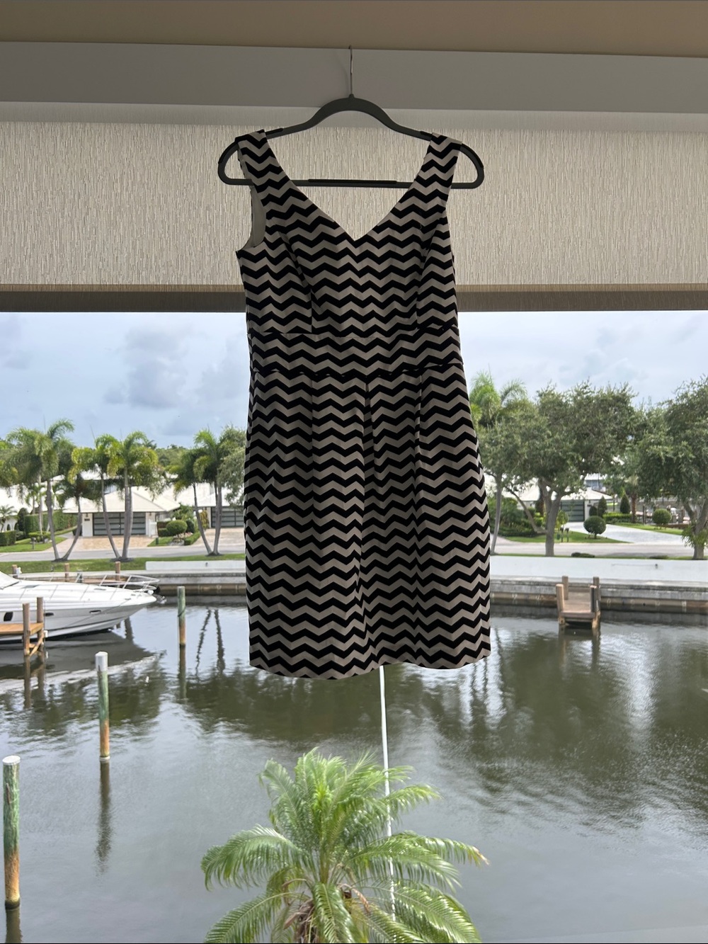 White House Black Market Black and White Chevron V-Neck Dress